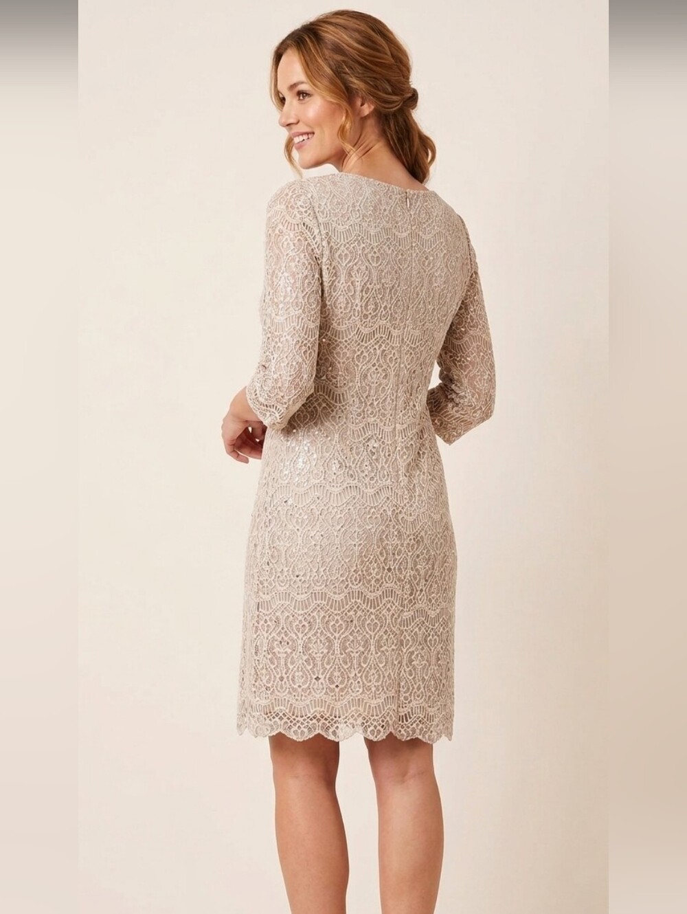 Sequin Beige Dress Knee Length Neutral Modest 3/4 Sleeves Mother Of Bride